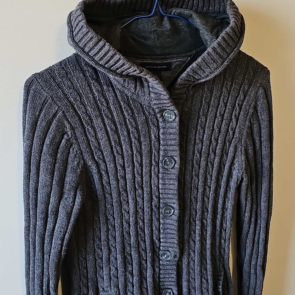 Tommy Hilfiger Small Charcoal Cable Knit Cardigan - Picture 2 of 7